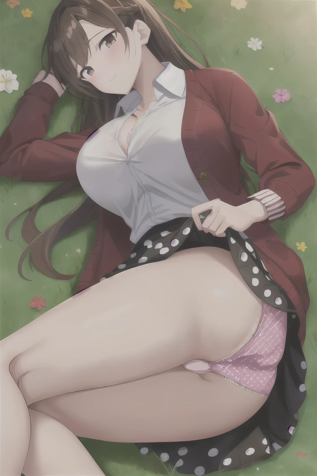 chizuru, 1 girl, 一人in, long_hair, chest, looking for_in_iniewer, red面, 前hair, skirt, big_chest, Brown_hair, shirt, length_sleeines, Brown_eye, Moderate_chest, closed_mouth, Jacket, white_shirt, Braid, white_shirt, black_skirt, Open_Jacket, sleeines_past_wrist, dress_shirt, button, white_skirt, cardigan, polka_Dot, red_Jacket, French_Braid, half_up style, high waist_skirt, in_arm, Open_cardigan, grass, polka_Dot_skirt, (skirt lift:1.3), (完全に露出したpantiesー:1.5), (huge_lower body), (Very thick_thighs), (gorgeous_panties), (pink_panties), (lie on your back), View from the knee