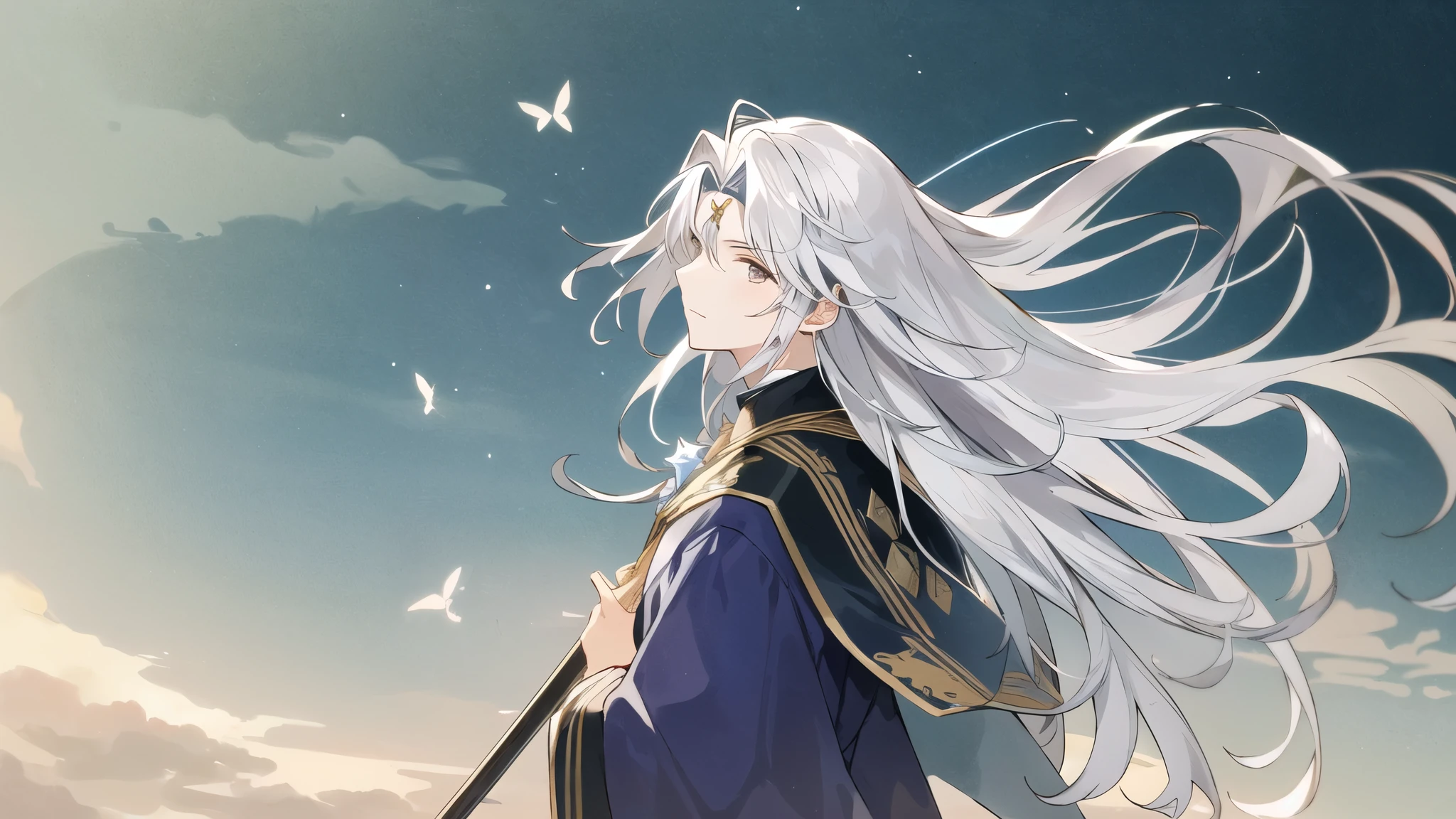 A head of silver-white hair fluttering in the cold wind,Wearing a purple robe,Holding an emerald scepter in hand,old man with flowing silver hair,Star-shaped runes printed on forehead,top view