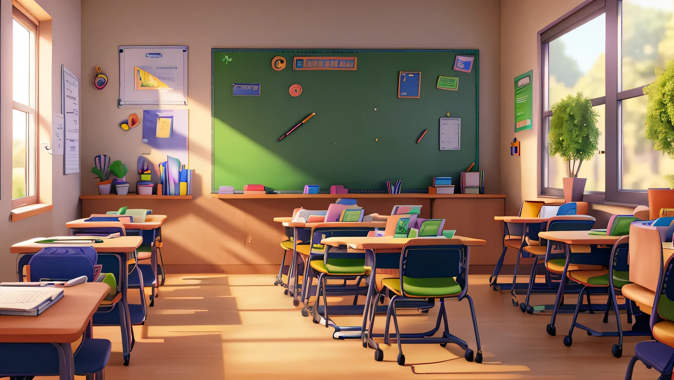(best quality,ultra-detailed),realistic,professional,HD,classroom,desk,school supplies,greenboard,vivid colors,studio lighting,sharp focus,no human presents