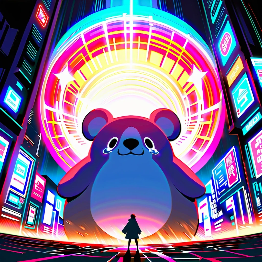 A city night illustration，Depicts a tearful koala standing on the edge of a high-rise building. This huge koala cries against the background of the city night scene, brilliant lights, neon signage, Cars speed past koalas. There are also skyscrapers and decorative stars in the background. The work is presented in anime style, high resolution, Bring a cinematic or epic feel. Full-body wide-angle lens full of details, Rich color palette, A predominantly white color scheme creates a cheerful atmosphere, A fusion of cartoon style and fantasy elements