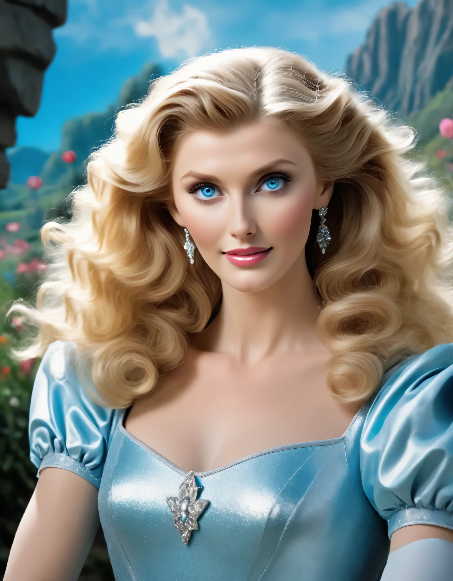 Imagine Young Morgan Fairchild, age 27, as Glinda, the Good Witch from Wizard of Oz, meeting Dorthy in Munchkin land, Bright blue eyes and captivating smile, The image captivates with its high definition, capturing every minute detail of the lady's radiant features, giving the impression of being able to step into the past itself, ultra sharp focus, realistic shot, female clothes, gritty and dramatic lighting, epic widescreen photography style 8k, Full View