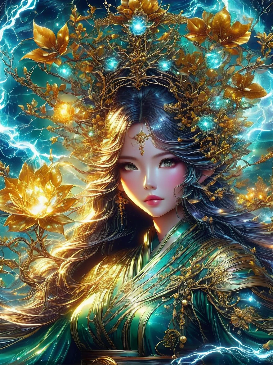 1 girl is a charming flower witch made of vines, 植物witch王, Vine Queen, Witch of Thorns, A charming girl woven from vines, charming矢车菊, The mysterious Tumi, Bloody hell flowers blooming at the gates of hell, Lead the soul to the other side, the charm of, charming, outstanding, witch, legendary magical girl, Magical Girl Glory, Metal flowers, A girl woven from metal vines, 少女拥有Metal flowers, mechanical metal style, metal art, Metal flowers, metal leaf, Full of metallic luster, Metal texture in the post-industrial era, metal wire crafts, golden flowers, Metal flowers, Silver flowers, metal tree branch, Crystal Pendant, Jade inlay, Carefully crafted, Perfect workmanship, Magic lightning background, blue lightning, masterpiece, art station, Surrealism, (highest quality, 8K, high resolution, masterpiece: 1.2), Extremely detailed, sportswear, landscape, fear, japanese manga, science fiction, photography, concept artist, high dynamic range, ultra high definition, studio lighting