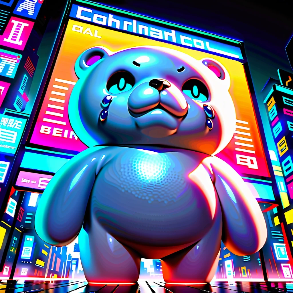 a crying giant bear，，Surrounded by neon lights and futuristic buildings。The character has expressive eyes and a crying expression，Stand against a vibrant background，A glowing screen，Display various digital elements in a face-centric manner。
