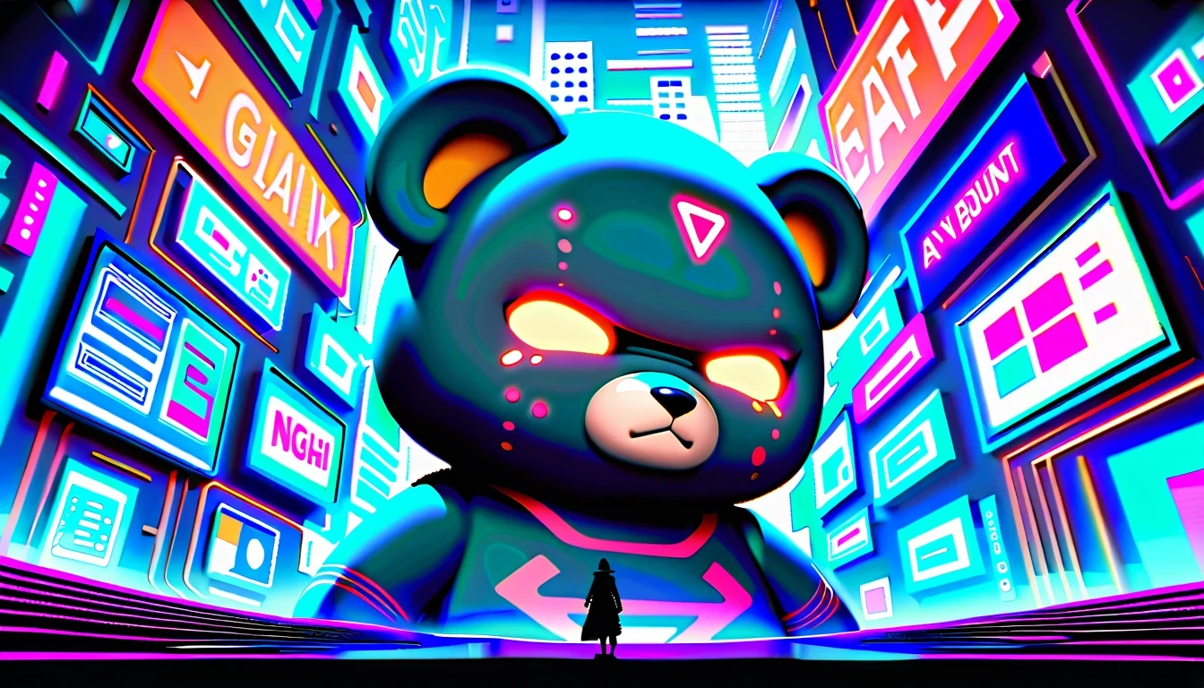 a crying giant bear，，Surrounded by neon lights and futuristic buildings。The character has expressive eyes and a crying expression，Stand against a vibrant background，A glowing screen，Display various digital elements in a face-centric manner。
