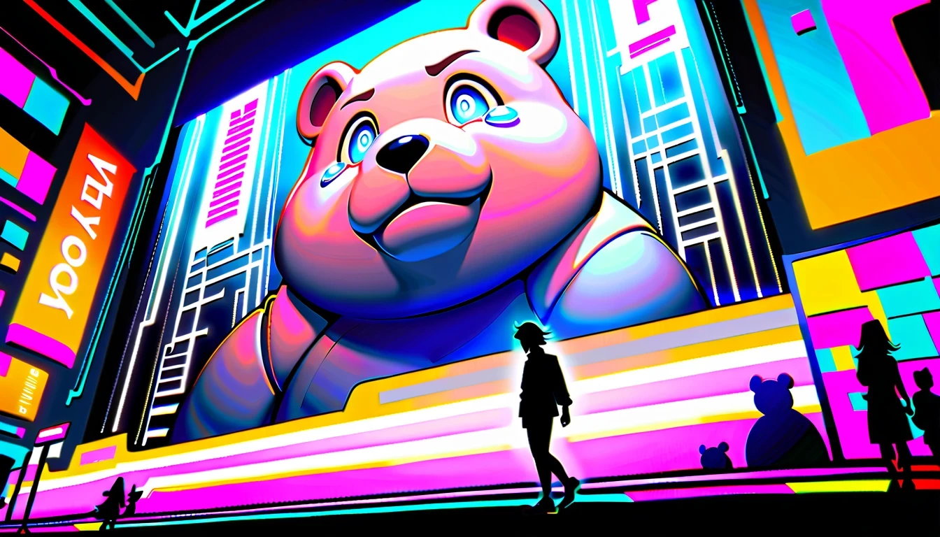 a crying giant bear，，Surrounded by neon lights and futuristic buildings。The character has expressive eyes and a crying expression，Stand against a vibrant background，A glowing screen，Display various digital elements in a face-centric manner。
