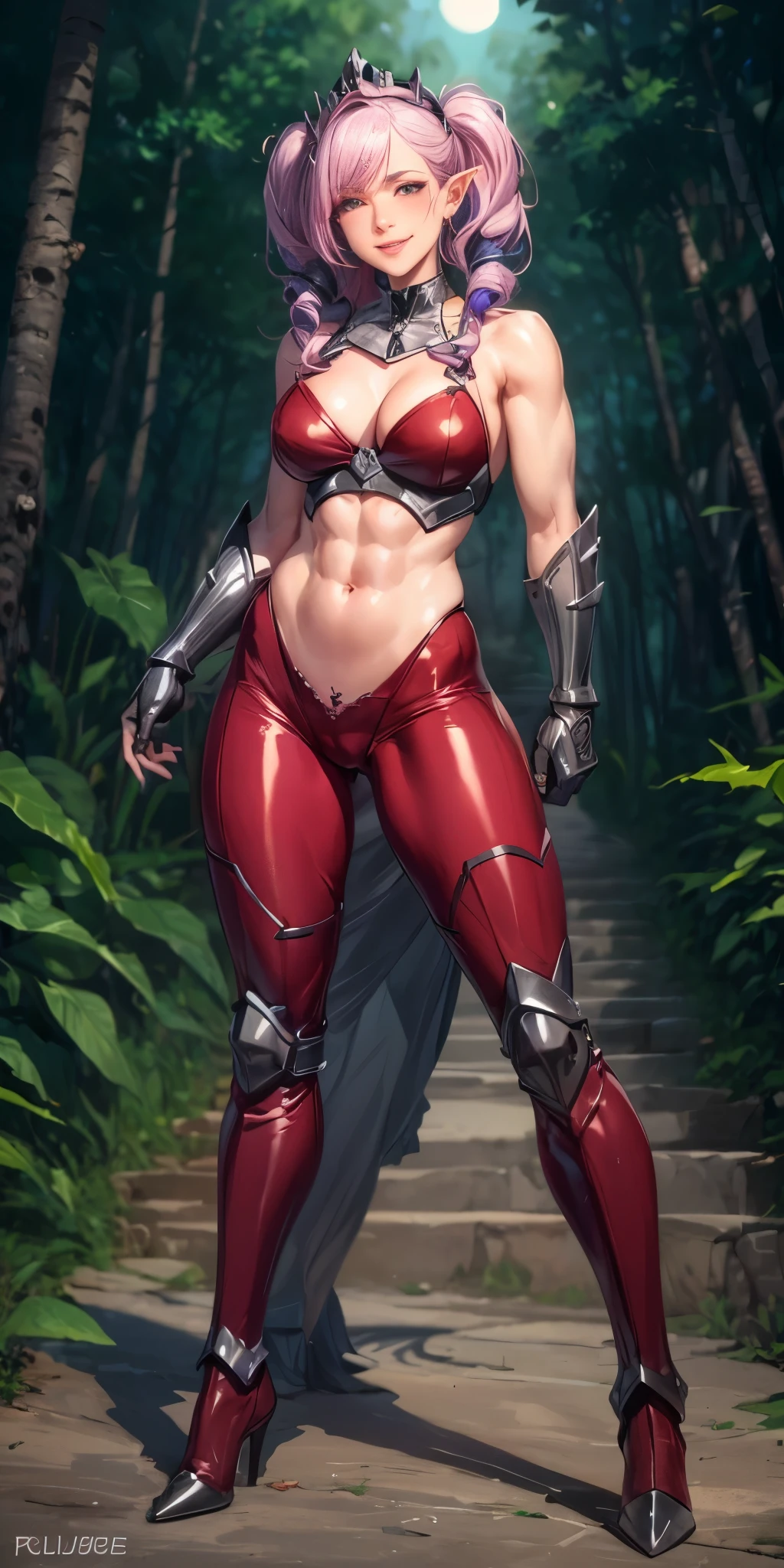 masterpiece, best quality, purple hair, pointy ears, female dwarf, collar, off-shoulder shirt, cleavage, brown leather vest, green pants, large breasts, walking, stairs, forest, night sky, boots, erected nipples, lustful smirking smile face red blushed red cheeks