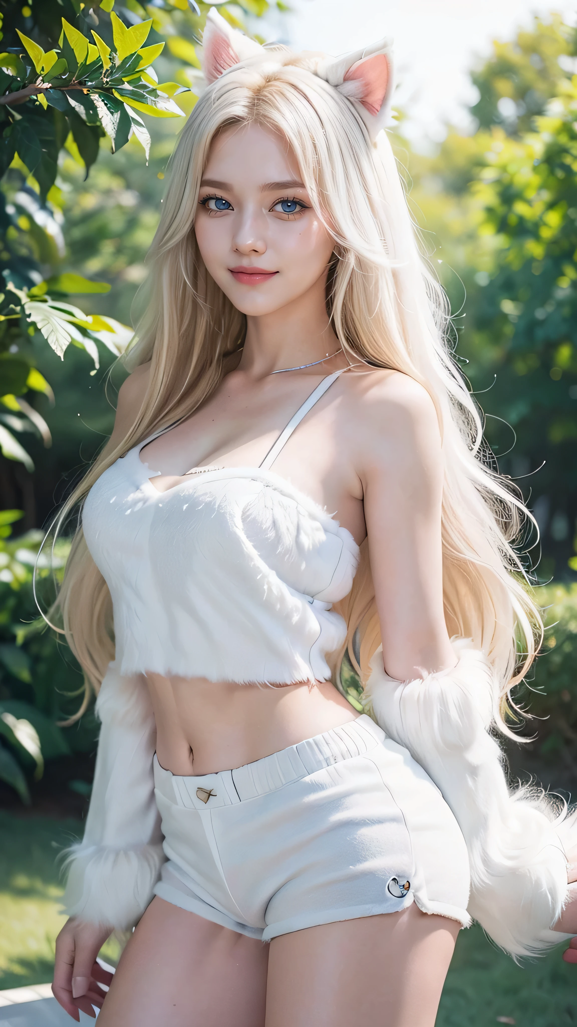 1girl, (Blue eyes), (smiling), (Sana Minatozaki), wide hips, Big , big ass, (Best Quality, 8k, Masterpiece: 1.3), perfect hands, perfect face, sexy pose, Clear Focus: 1.2, Perfect Body Beauty: 1.4 , Slender Abs: 1.2, Highly detailed face and skin texture, detailed eyes, double eyelids, (blonde long hair), (white furry top :1.4) (white furry shorts :1.4), (kitten ears), (standing), (dynamic pose), fur trim, in a park full of colorful flowers