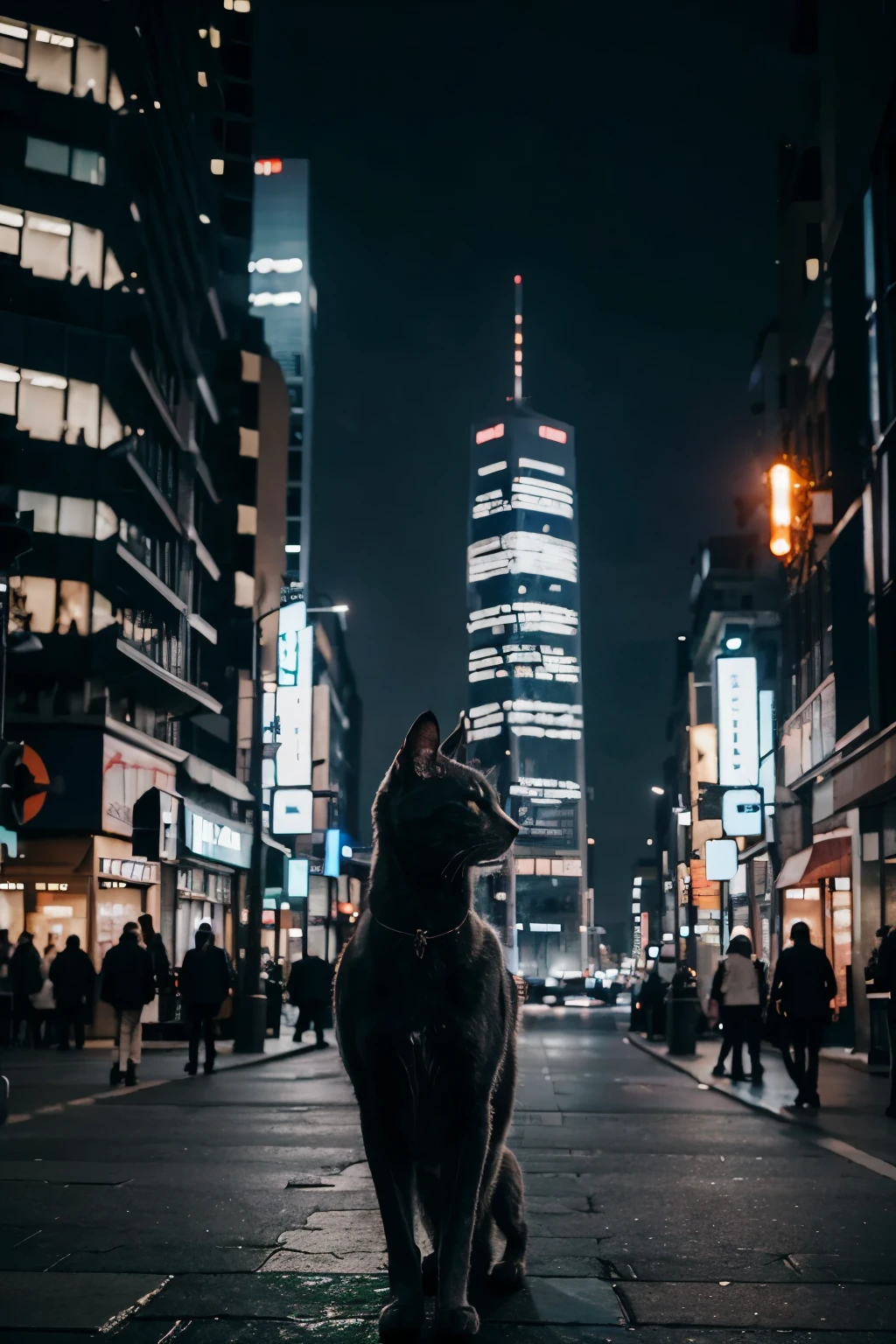 A gray cat arrived in a bustling night city，This is a place full of tall buildings and busy streets