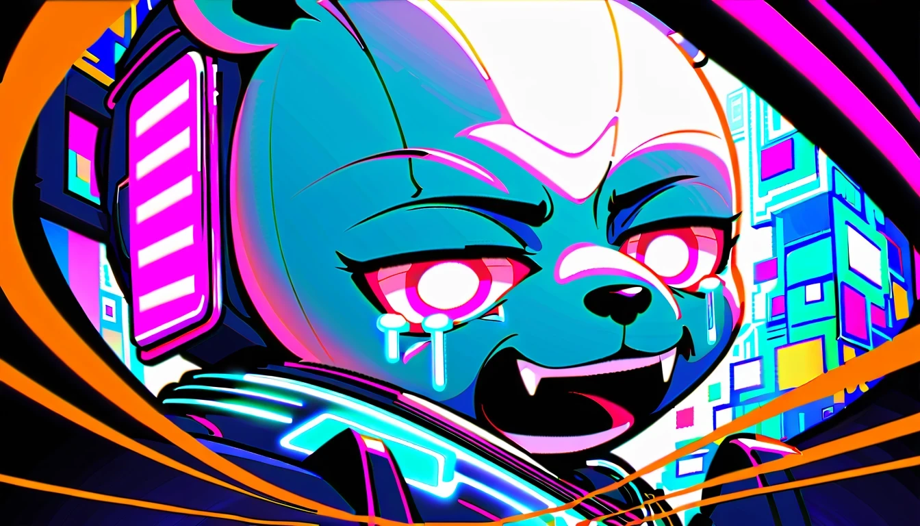 a crying giant bear,,Surrounded by neon lights and futuristic buildings。The character has expressive eyes and a crying expression,Stand against a vibrant background,A glowing screen,Display various digital elements in a face-centric manner。