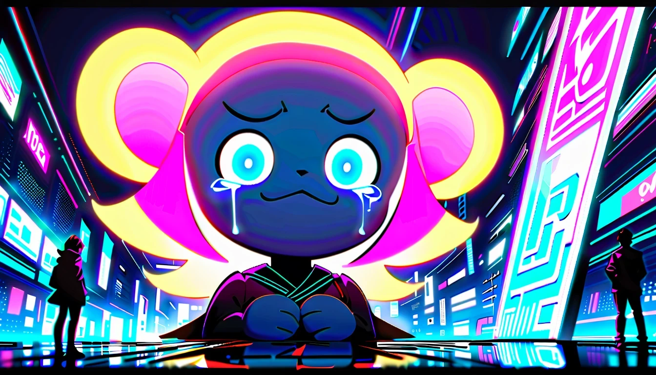 a crying giant bear，，Surrounded by neon lights and futuristic buildings。The character has expressive eyes and a crying expression，Stand against a vibrant background，A glowing screen，Display various digital elements in a face-centric manner。
