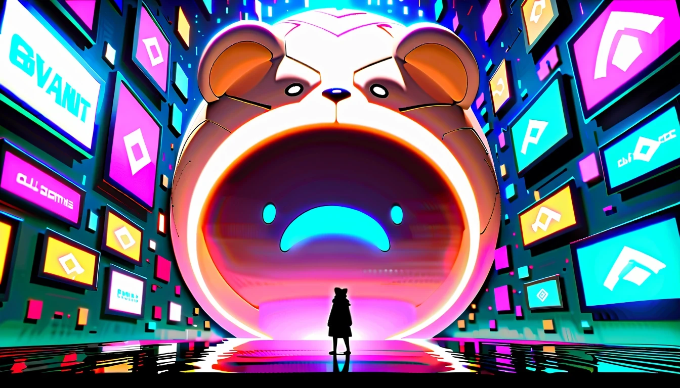 a crying giant bear，，Surrounded by neon lights and futuristic buildings。The character has expressive eyes and a crying expression，Stand against a vibrant background，A glowing screen，Display various digital elements in a face-centric manner。
