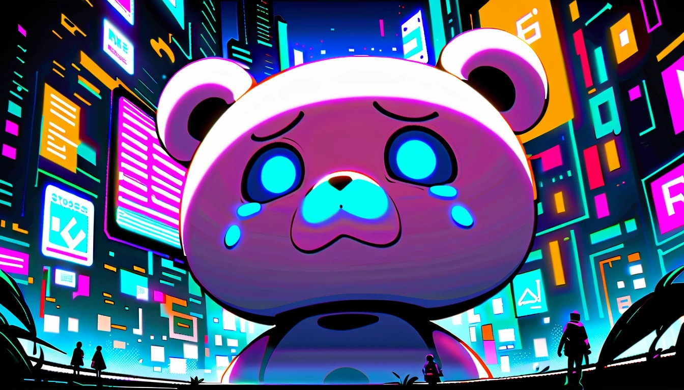 a crying giant bear，，Surrounded by neon lights and futuristic buildings。The character has expressive eyes and a crying expression，Stand against a vibrant background，A glowing screen，Display various digital elements in a face-centric manner。
