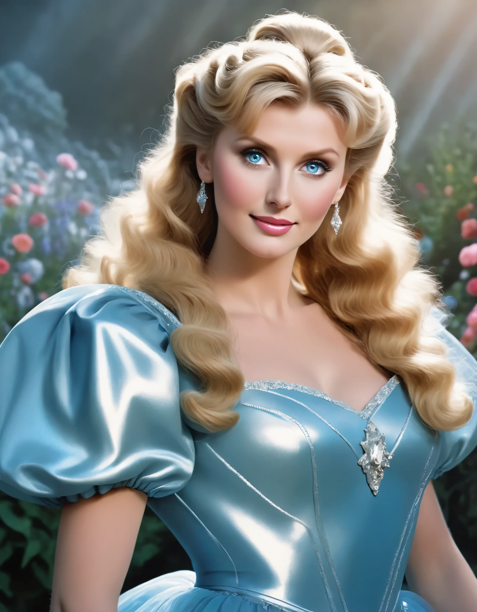 Imagine Young Morgan Fairchild, age 27, as Glinda, the Good Witch from Wizard of Oz, meeting Dorthy in Munchkin land, Bright blue eyes and captivating smile, The image captivates with its high definition, capturing every minute detail of the lady's radiant features, giving the impression of being able to step into the past itself, ultra sharp focus, realistic shot, female clothes, gritty and dramatic lighting, epic widescreen photography style 8k, Full View