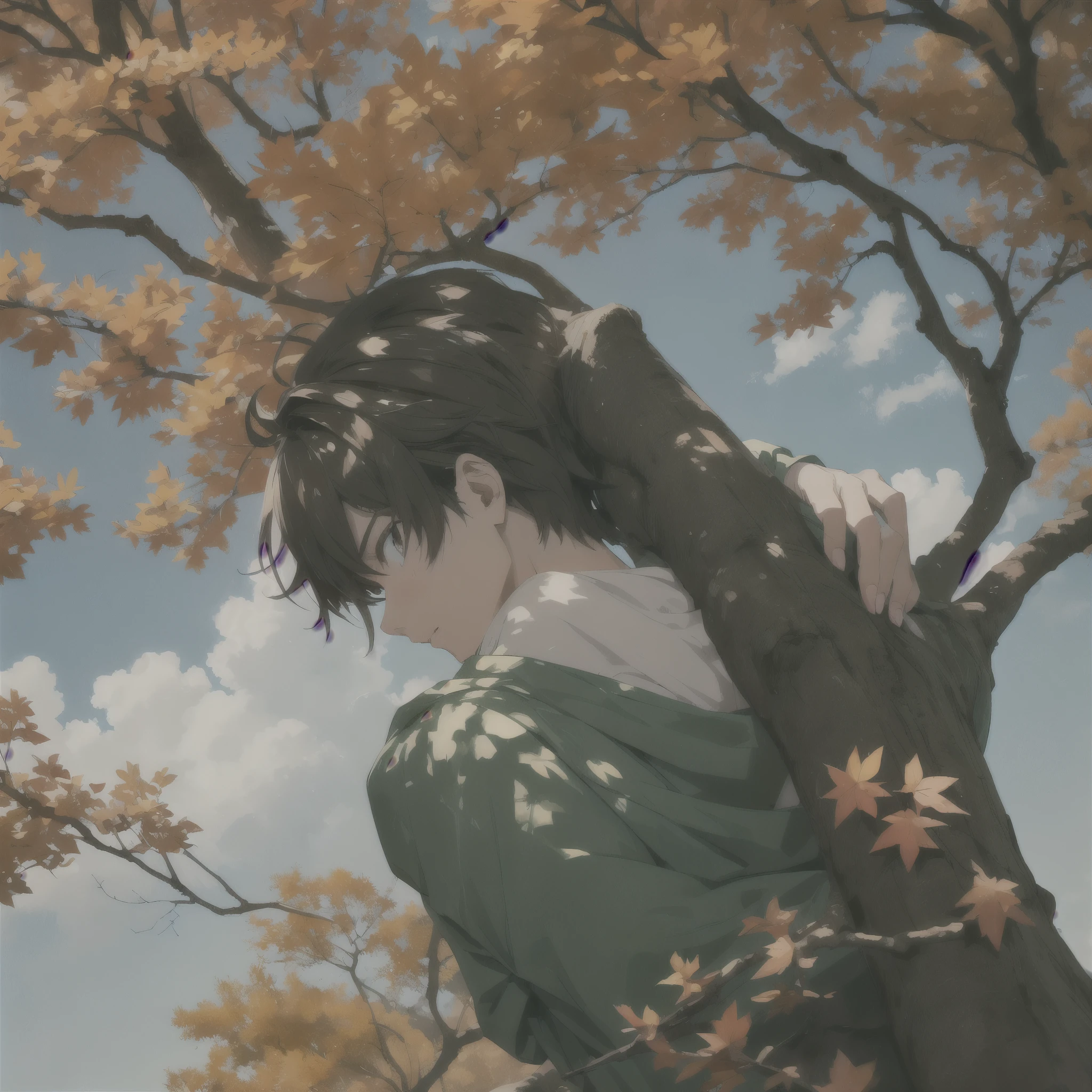 A anime boy relaxing and listening musics on a tree branch in autumn season
