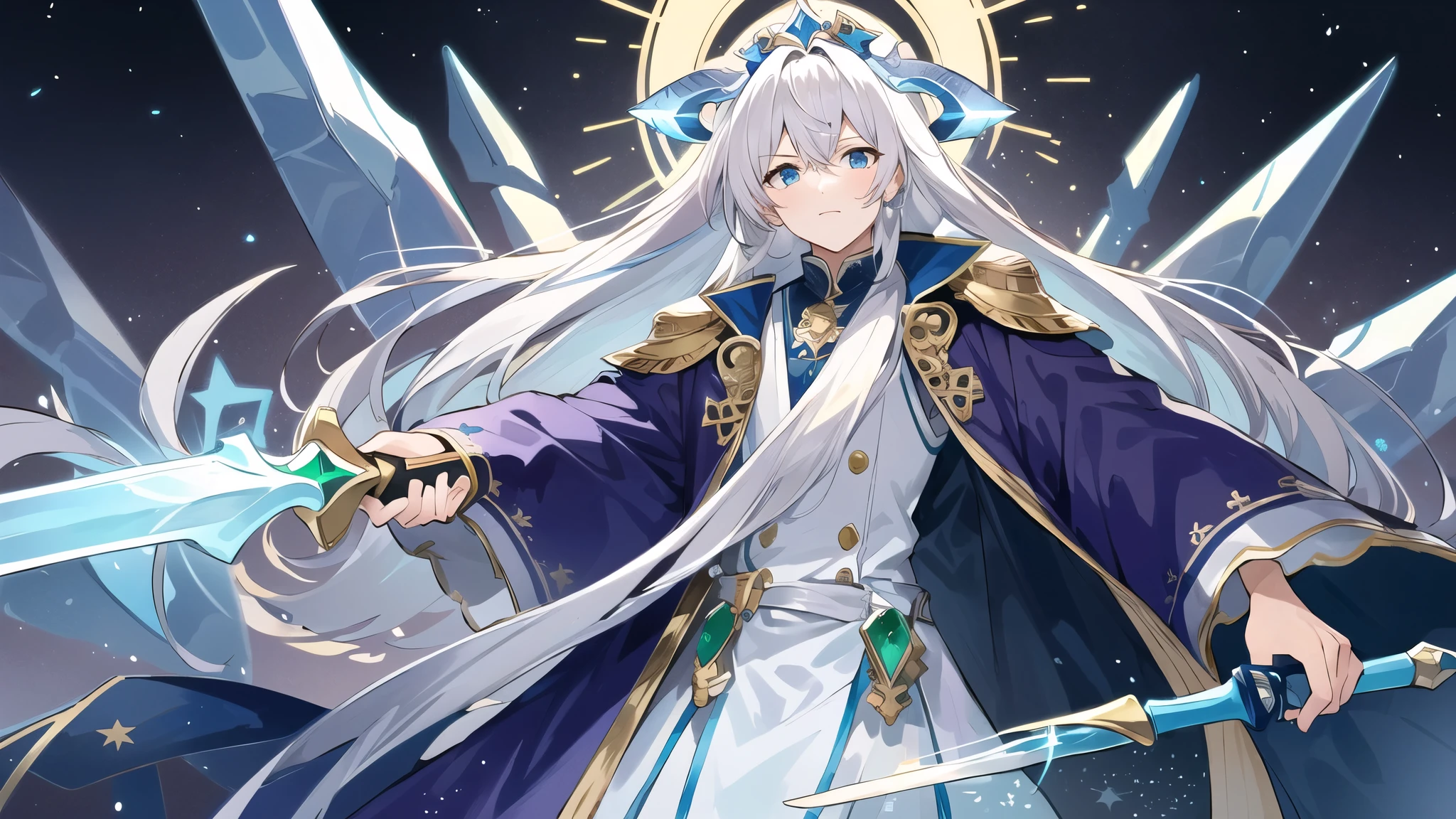 Wearing a purple robe，Holding an emerald scepter in hand，old man with flowing silver hair，Star-shaped runes printed on foreheaint blue dragon bone sword is in the center of the screen，five fingers