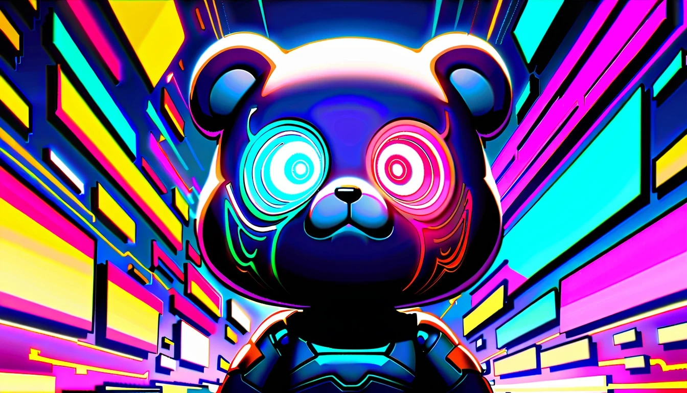 a crying giant bear，，Surrounded by neon lights and futuristic buildings。The character has expressive eyes and a crying expression，Stand against a vibrant background，A glowing screen，Display various digital elements in a face-centric manner。
