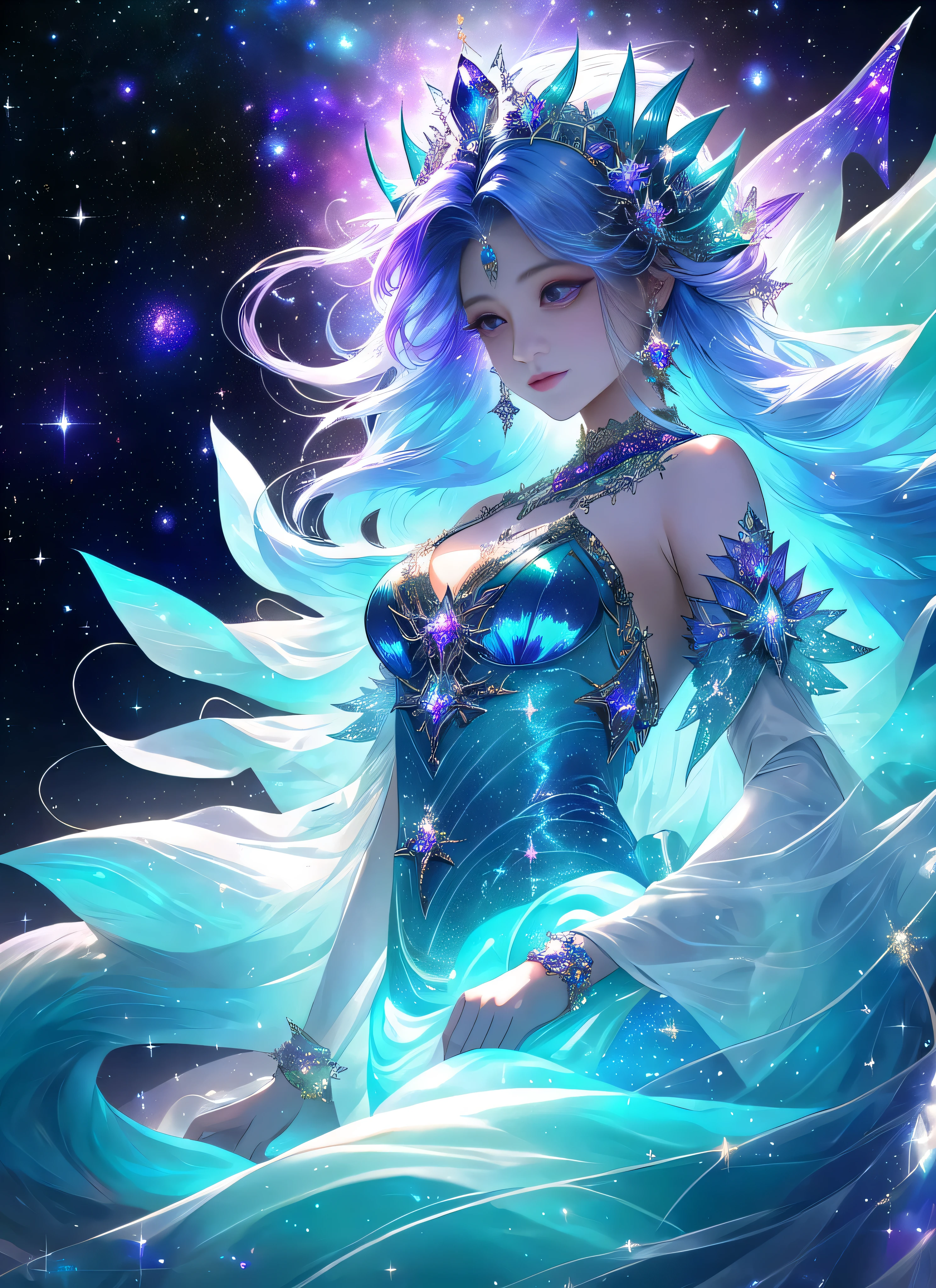 In the depths of the interstellar sea, where galaxies dance and nebulas shimmer, there exists a celestial being unlike any other – a space mermaid of ethereal beauty and boundless curiosity. With skin as rich and deep as the most vibrant amethyst, she glides gracefully through the cosmic currents, her three eyes sparkling with the wisdom of ages unknown.

Her tail, a mesmerizing fusion of blues, teals, and greens, trails behind her like a comet's tail, leaving trails of stardust in its wake. Each strand of her hair mirrors the colors of her tail, flowing freely in the weightlessness of space, catching the light of distant stars as she navigates her celestial domain.

But what truly sets her apart are her antennae – delicate tendrils reaching out into the vast expanse, attuned to the subtle energies that pulse through the universe. With these antennae, she senses the ebb and flow of cosmic forces, guiding her through the mysteries of the cosmos with an intuition as ancient as the stars themselves.

In the resplendent glow of her third eye, she sees beyond the veil of time and space, glimpsing the secrets hidden in the fabric of reality. It is through this eye that she seeks to understand the universe and her place within it, forever drifting on the currents of infinity, a celestial guardian of the cosmic depths.goddess of galaxies, mermaid, mermaid body, galactic sized goddess, alien princess, celestial goddess, lunar goddess, iridescent scales on her body, she has iridescent membranes, [[fantasy]] have purple skin and have 3 eyes , she a alien with antennae. , she a space mermaid , in 8k purple skin 