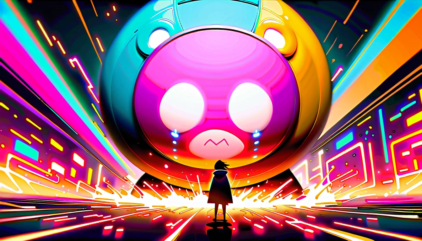 a crying giant bear，，Surrounded by neon lights and futuristic buildings。The character has expressive eyes and a crying expression，Stand against a vibrant background，A glowing screen，Display various digital elements in a face-centric manner。
