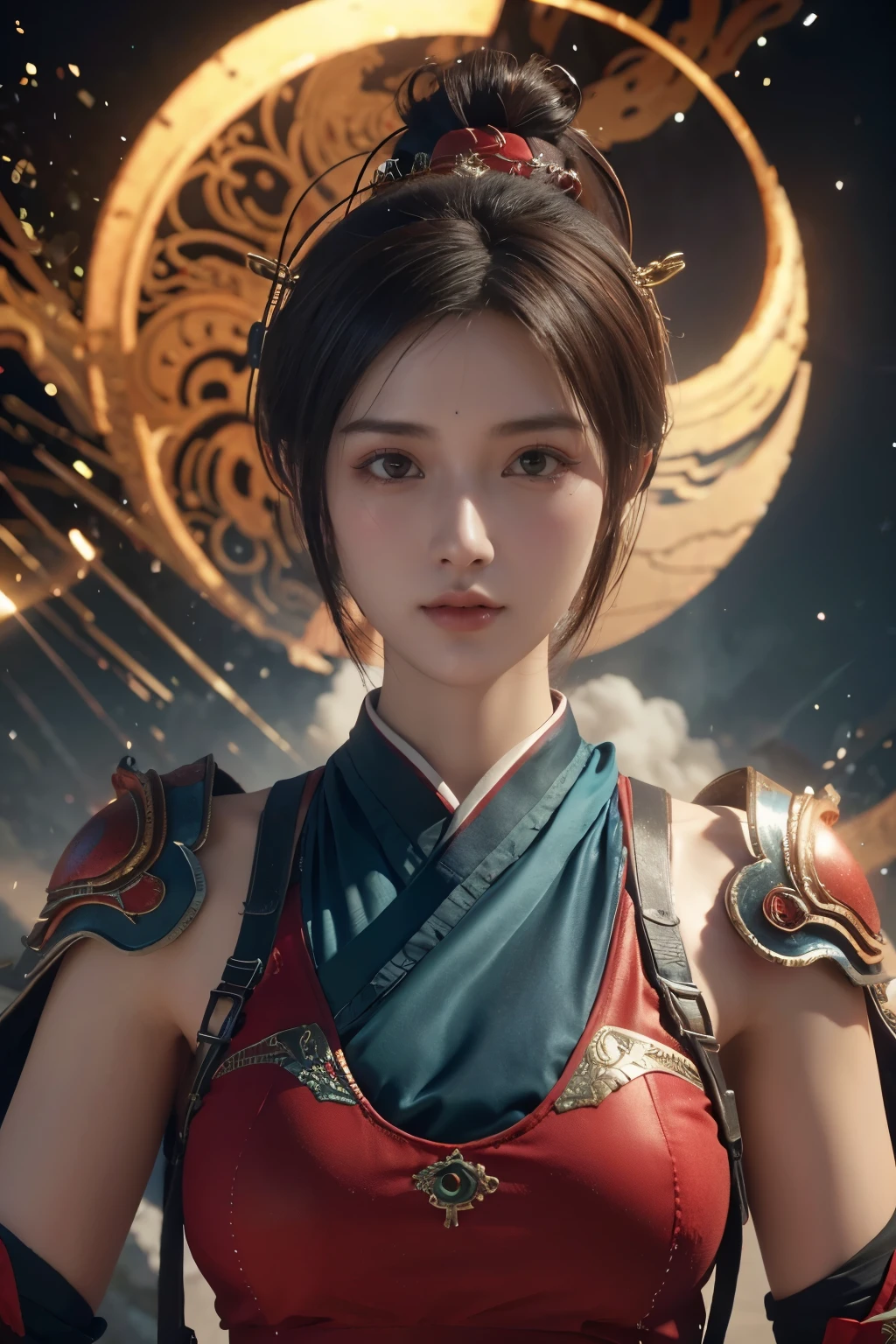Masterpiece,Game art,The best picture quality,Highest resolution,8K,(Portrait),Unreal Engine 5 rendering works,(Digital Photography),
Girl,Beautiful pupil,(Gradual short hair is blue and red),Busty,(Big breasts),
(A female general in the ancient fantasy style),(Future combat dress combined with Chinese fantasy style clothing,Chinese style Han costume),Ribbon,Ancient magic patterns glow,Armor rich in detail,(Ancient fantasy),
Movie lights,Ray tracing,Game CG,((3D Unreal Engine)),OC rendering reflection pattern