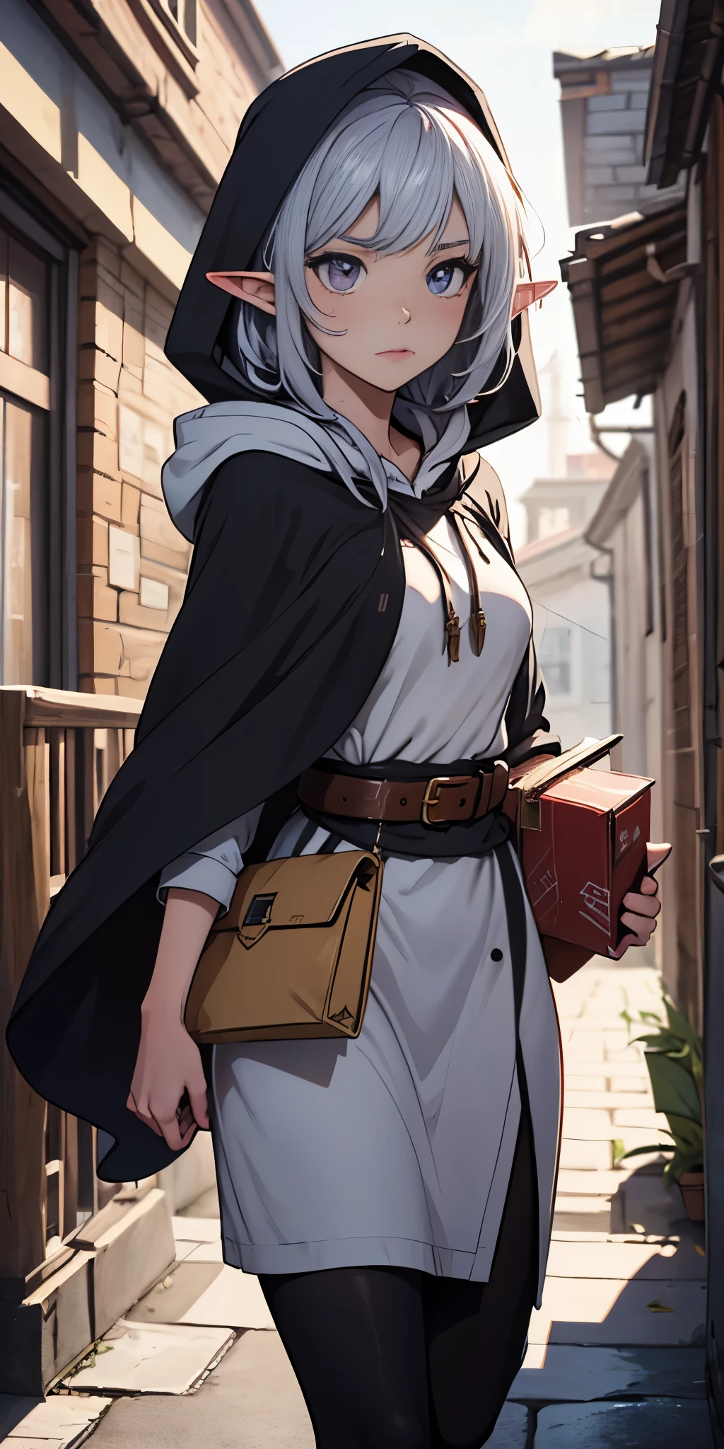 "Generate an anime-style illustration of Elyra Whisperwind, an elf courier with silver hair that flows like water and deep violet eyes. She wears a hooded cloak that blends with the shadows of Imnescar's alleys. Elyra is sprinting, with several sealed letters and parcels strapped to her belt. The background should be a blur, emphasizing her speed. Her expression is focused, embodying her determination to deliver her secretive cargo."