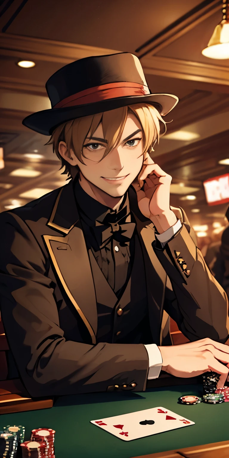 "Create an anime-style depiction of Thomlin Quickfingers, a human gambler with a charming grin, light brown hair, and eyes that seem to always be calculating odds. He's wearing a lavish jacket with cards tucked in the brim of his hat. Thomlin is seated at a gambling table, shuffling a deck of cards with incredible skill. The background is a dimly lit tavern filled with onlookers. His demeanor is relaxed but confident."