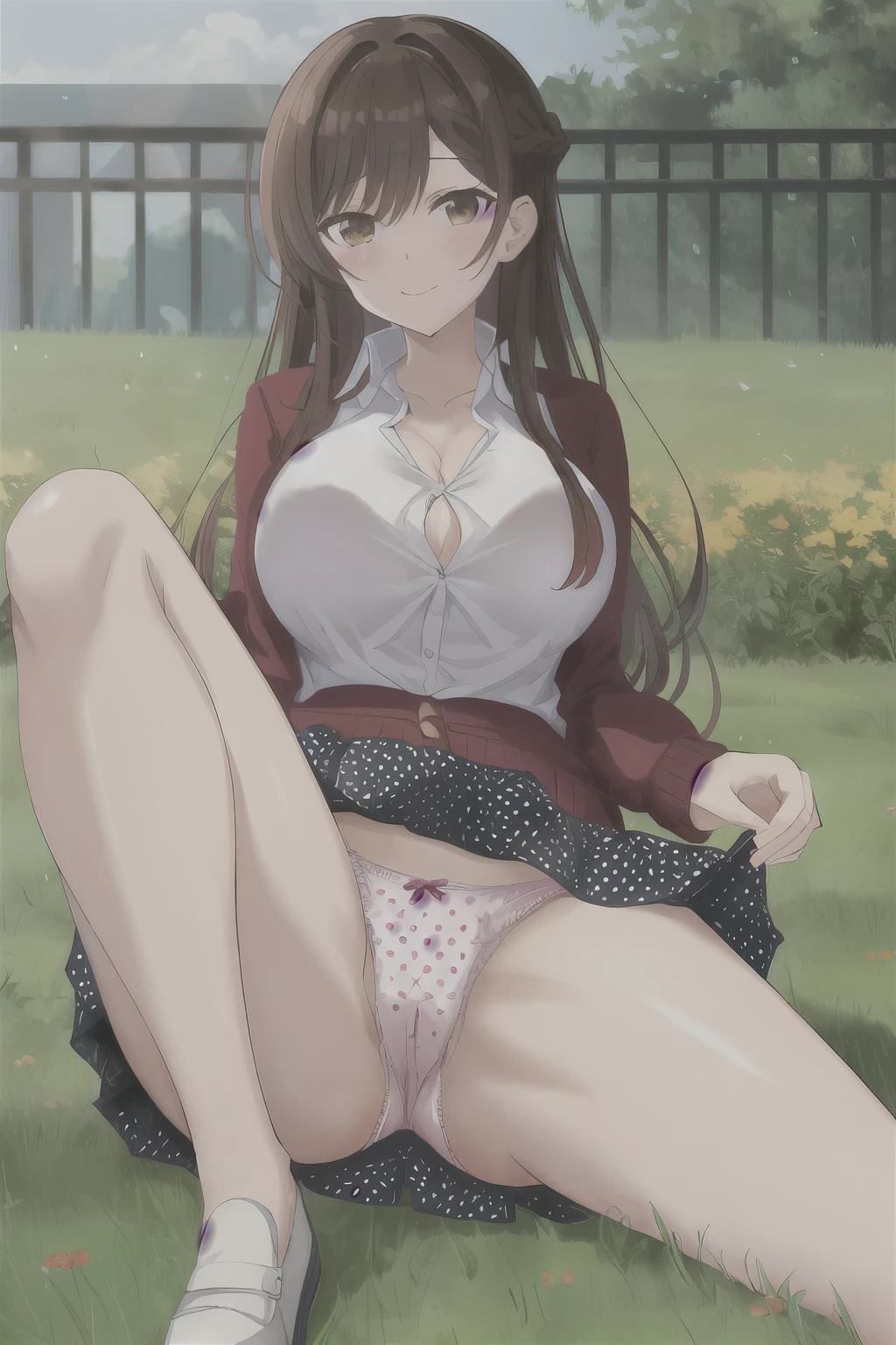 chizuru, 1 girl, 一人in, long_hair, chest, looking for_in_iniewer, red面, 前hair, skirt, usually_chest, Brown_hair, shirt, length_sleeines, Brown_eye, Moderate_chest, closed_mouth, Jacket, white_shirt, Braid, white_shirt, black_skirt, Open_Jacket, sleeines_past_wrist, dress_shirt, button, white_skirt, cardigan, polka_Dot, red_Jacket, French_Braid, half_up style, high waist_skirt, in_arm, Open_cardigan, grass, polka_Dot_skirt, (skirt lift:1.3), (完全に露出したpantiesー:1.5), (huge_lower body), (Very thick_thighs), (gorgeous_panties), (pink_panties), (lie on your back), (spread legs), (View from between the legs:1.3)