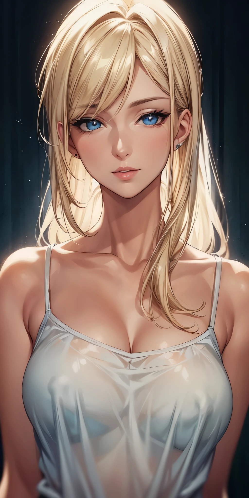 portrait, elegant mature woman, blue eyes, blonde hair, big breast, transparent camisole, see through nipple, ultra detailed cg 8k, beautiful cg, soft light