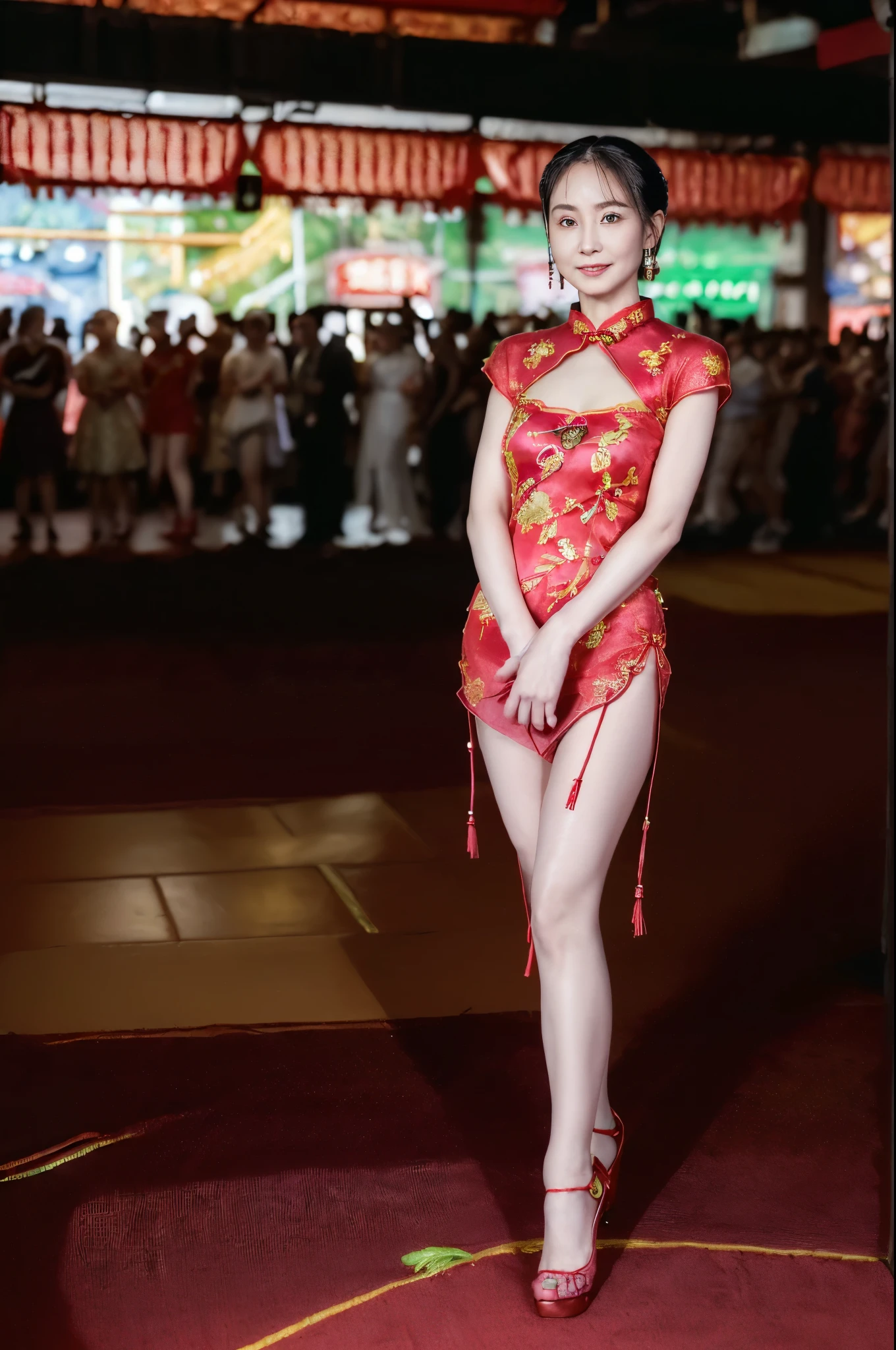((((8k))),((Extremely meticulous CG)) ,(wallpaper),16k,((Extremely refined and beautiful)),(((Masterpiece))),(((best qualtiy))),(((Ultra High Resolution))),beautiful light up,Perfect lightning,realistic shaded,(high resolution),(pale skin:1.3),Extremely exquisite facial details,(perfect body:1.1),(ultra-detailed),(an old woman,solo),((50 years old)),(mature:1.2),(small head:1.2),(short pony tail:1.2),(small face:1.2),(wrinkles in face:1.5),(Exquisite makeup:1.2),(happy:1.2),(Smile:1.2),(small breasts:1.2),(flat chest:1.2),(Crystal Necklace:1.2),(earrings:1.2),(maxi Gorgeous Exquisitely embroidered red cheongsam:1.5),(lace gloves:1.2),(slender legs:1.2),(stockings:1.3),(high heels:1.2),(night scene:1.5),(In a spacious and magnificent hall:1.2),(Extremely luxurious decoration:1.3),(detailed background:1.5),(standing:1.2),(arms behind back:1.3),(upper body:1.3),(from front:1.3),(Surrounded by crowded crowds:1.5),(neon lights:1.3),