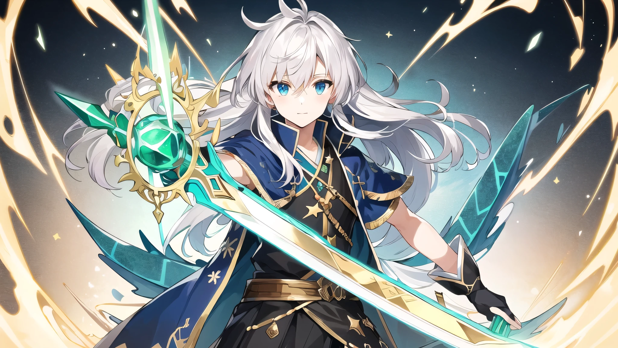 Holding an emerald scepter in hand，old man with flowing silver hair，Star-shaped runes printed on foreheaint blue dragon bone sword is in the center of the screen，There are golden dragon scale patterns on the sword hilt，five fingers