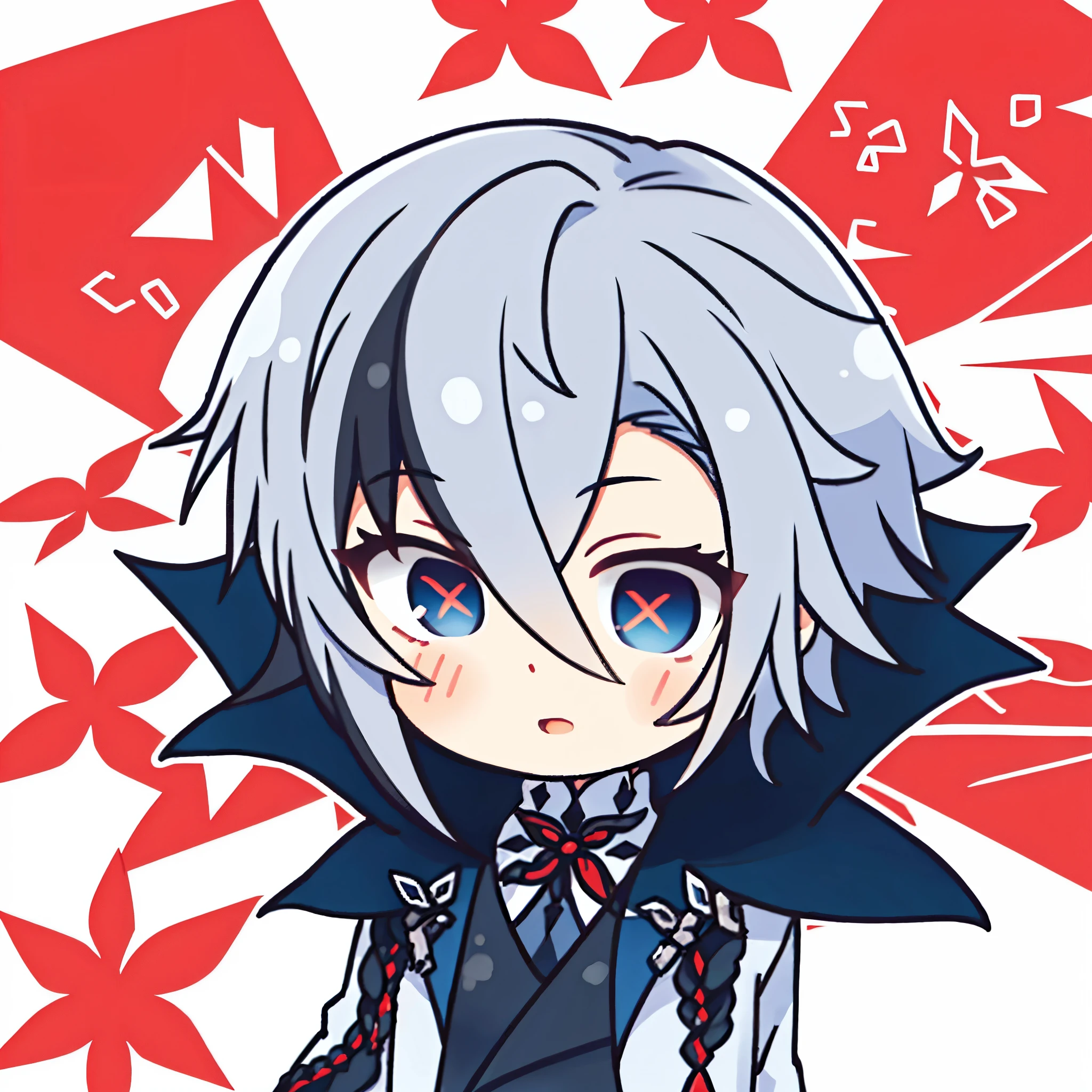 1girl,Arlecchino,(chibi:1.2),Shy to say, white short hair, blue eyes with red x-shaped pupils, wearing white suit,red cheeks, puffy cheeks,face focus:1.7