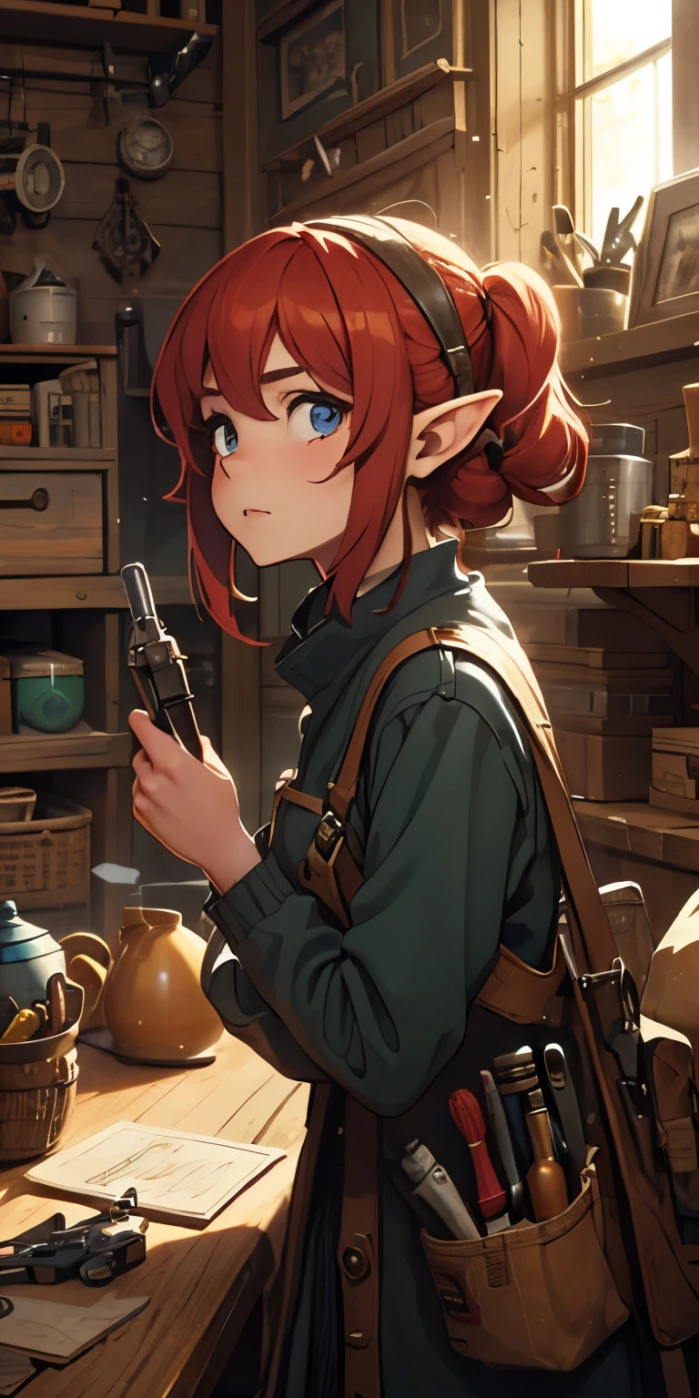 "Craft an anime-style portrayal of Lorna Gearturn, a gnome tinkerer with wild, curly red hair and curious, goggles-covered eyes. She's surrounded by gears, tools, and steam-powered gadgets in her workshop. Lorna is holding a wrench and working on a robotic contraption that seems almost alive. Her workshop is cluttered but organized in a way that only she understands. Her expression is one of intense concentration. She is very, very short and has pointed elf ears. She is extremely short, but is not a ."
