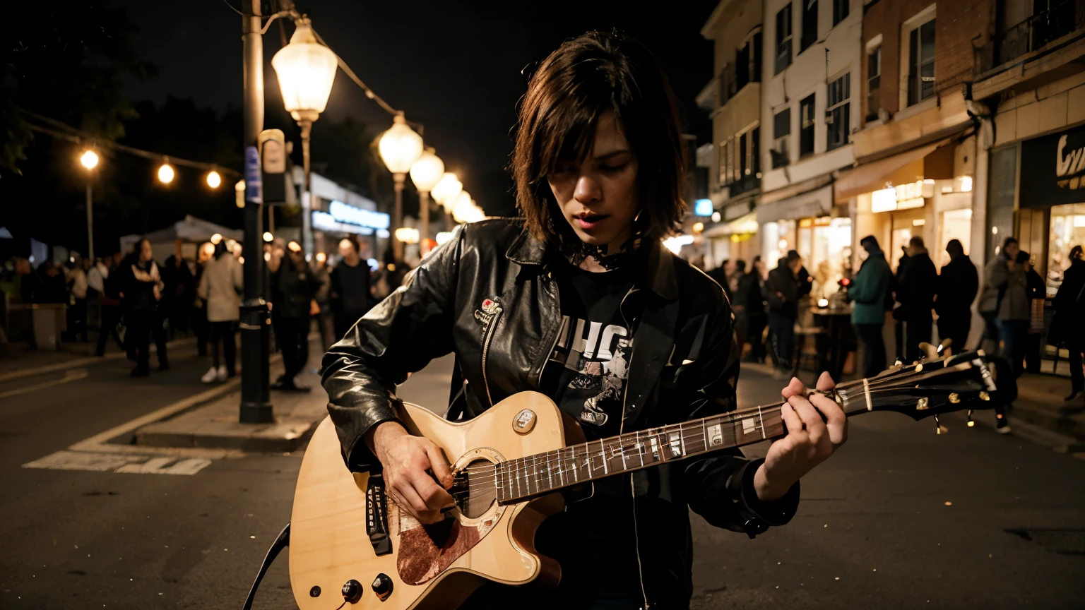 punk, hits the guitar, night, lantern light