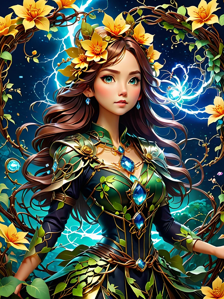 1 girl is a charming flower witch made of vines, 植物witch王, Vine Queen, Witch of Thorns, A charming girl woven from vines, charming矢车菊, The mysterious Tumi, Bloody hell flowers blooming at the gates of hell, Lead the soul to the other side, the charm of, charming, outstanding, witch, legendary magical girl, Magical Girl Glory, Metal flowers, A girl woven from metal vines, 少女拥有Metal flowers, mechanical metal style, metal art, Metal flowers, metal leaf, Full of metallic luster, Metal texture in the post-industrial era, metal wire crafts, golden flowers, Metal flowers, Silver flowers, metal tree branch, Crystal Pendant, Jade inlay, Carefully crafted, Perfect workmanship, Magic lightning background, blue lightning, masterpiece, art station, Surrealism, (highest quality, 8K, high resolution, masterpiece: 1.2), Extremely detailed, sportswear, landscape, fear, japanese manga, science fiction, photography, concept artist, high dynamic range, ultra high definition, studio lighting