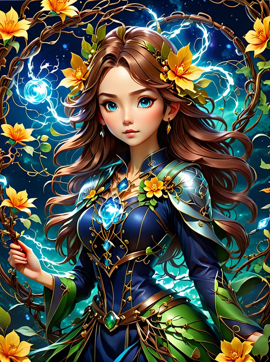 1 girl is a charming flower witch made of vines, 植物witch王, Vine Queen, Witch of Thorns, A charming girl woven from vines, charming矢车菊, The mysterious Tumi, Bloody hell flowers blooming at the gates of hell, Lead the soul to the other side, the charm of, charming, outstanding, witch, legendary magical girl, Magical Girl Glory, Metal flowers, A girl woven from metal vines, 少女拥有Metal flowers, mechanical metal style, metal art, Metal flowers, metal leaf, Full of metallic luster, Metal texture in the post-industrial era, metal wire crafts, golden flowers, Metal flowers, Silver flowers, metal tree branch, Crystal Pendant, Jade inlay, Carefully crafted, Perfect workmanship, Magic lightning background, blue lightning, masterpiece, art station, Surrealism, (highest quality, 8K, high resolution, masterpiece: 1.2), Extremely detailed, sportswear, landscape, fear, japanese manga, science fiction, photography, concept artist, high dynamic range, ultra high definition, studio lighting
