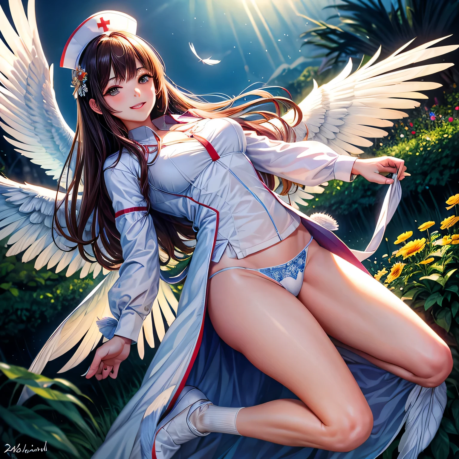 (8K, Raw photo, highest quality, masterpiece: 1.2), (realistic, photorealistic: 1.37), Super detailed, ultra high resolution, girl 1, , Beautiful and dense face, smile, teeth, (feather cut: 0.6), nurse uniform, panties, professional lighting, garden、night、full body photo, neat、Full body Esbian、white thin socks、Floral、Large angel wings grow from his back..、white feather、Feathers shine、Fluttering feathers、