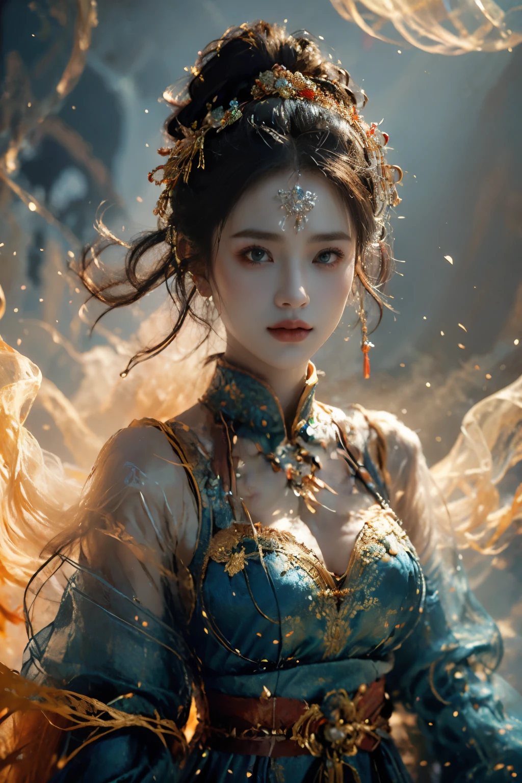 Masterpiece,Game art,The best picture quality,Highest resolution,8K,(Portrait:1.5),Unreal Engine 5 rendering works,(Digital Photography),
Girl,Beautiful pupil,(Gradual short hair is blue and red),Busty,(Big breasts),
(A female general in the ancient fantasy style),(Future combat dress combined with Chinese fantasy style clothing,Chinese style Han costume),Ribbon,Ancient magic patterns glow,Armor rich in detail,(Ancient fantasy),
Movie lights，Ray tracing，Game CG，((3D Unreal Engine))，OC rendering reflection pattern