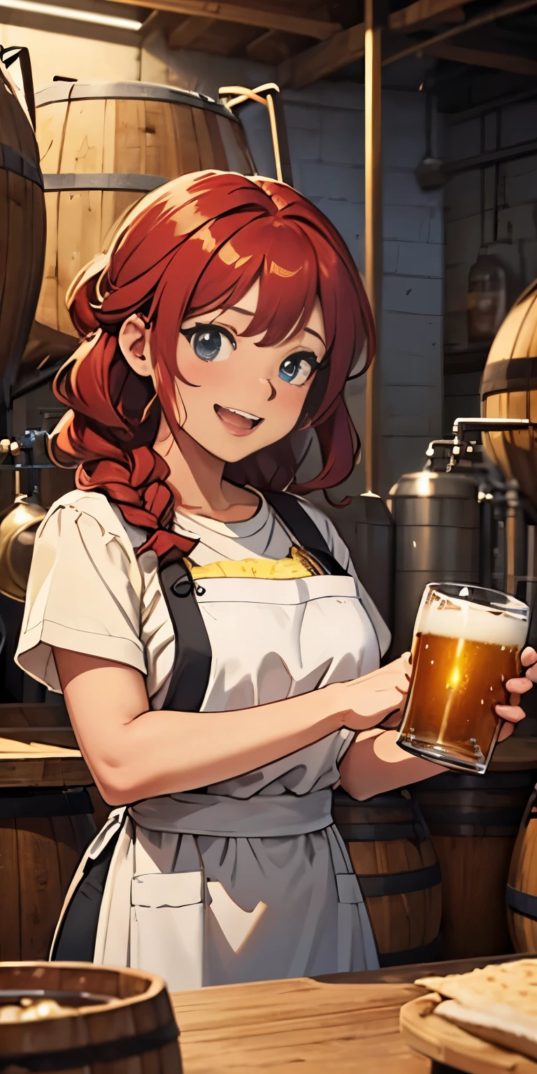 "Generate an anime-style image of Helga Stoutbarrel, a robust human brewmaster with a hearty laugh, bright red hair tied back in a braid, and rosy cheeks. She wears a brewer's apron and is holding a tankard of her finest ale. Behind her is the bustling interior of her brewery, with barrels and brewing equipment. Her presence is welcoming, inviting all to share in the joy of her craft."
