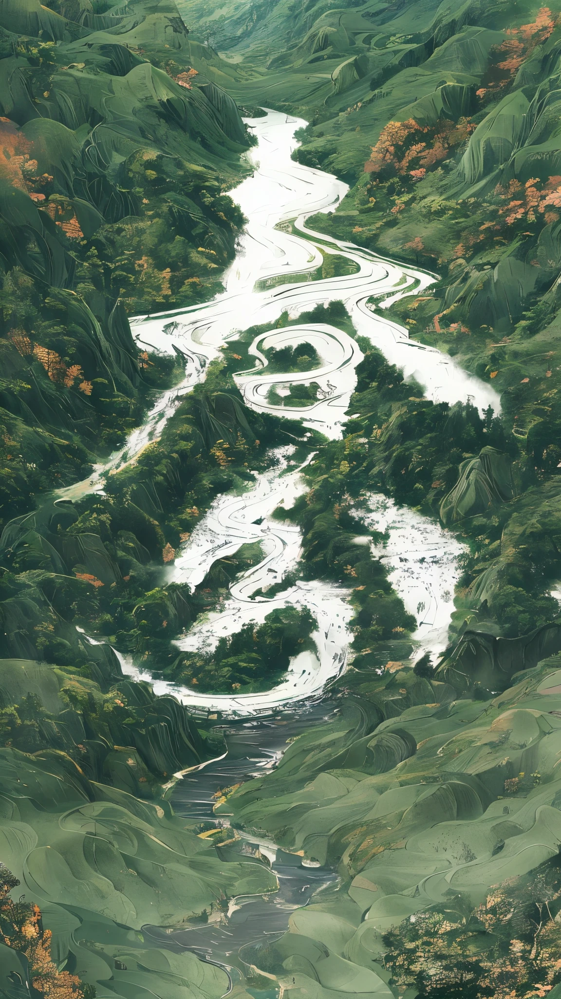 There is a painting of a river flowing through a lush green valley, meandering river, very detailed curve, Mountain tickets, vortex river, future valley, twisted waterway, Detailed Landscape—Width 672, Aerial photography, Highly detailed digital artwork, flowing curve, extremely detailed artwork, intricate landscape, Bastien Grevi, Super detailed