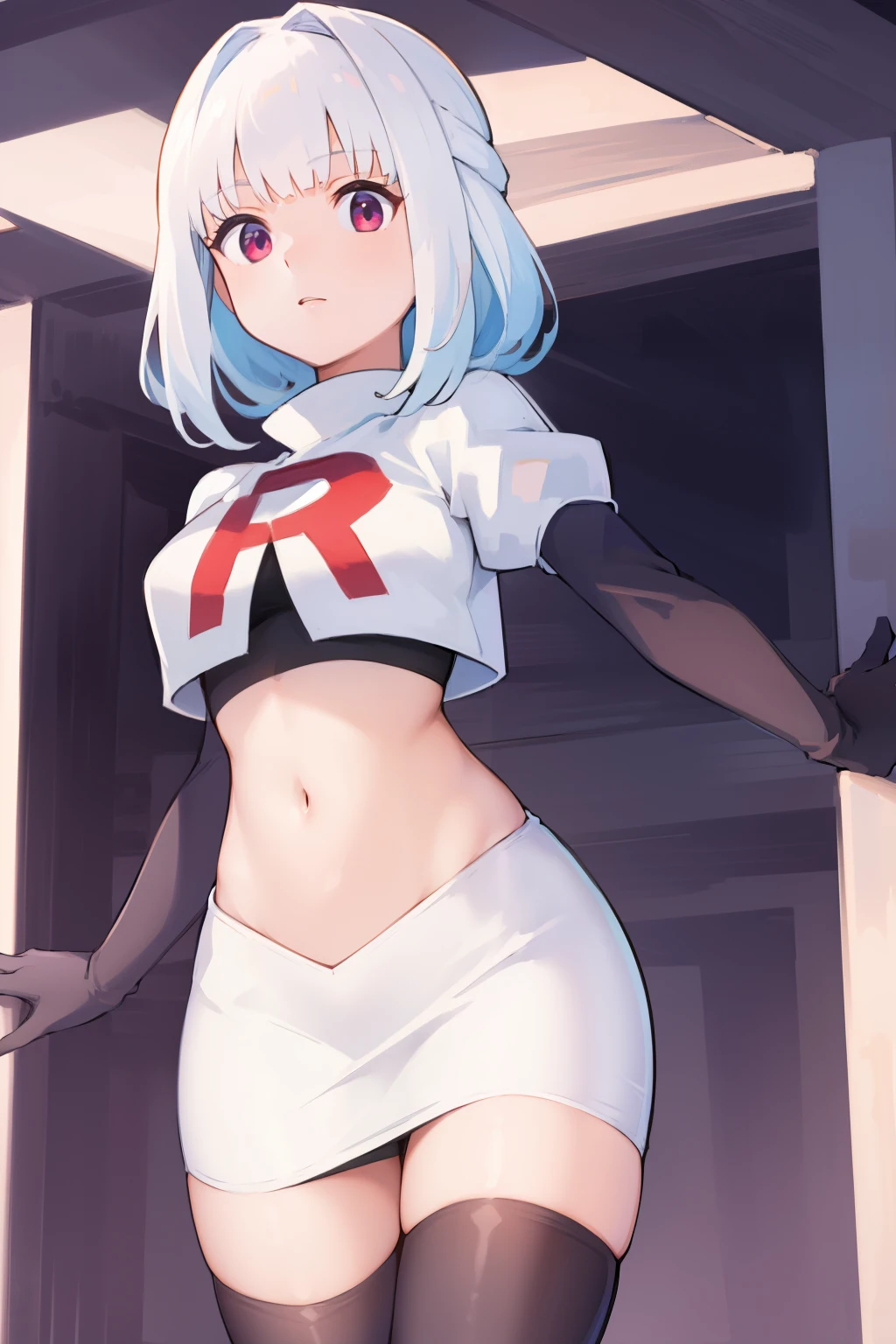 1 young and gorgeous girl, masterpiece, best quality, 8k uhd, ultra high res, simple background, team rocket,team rocket uniform, red letter R, white skirt,white crop top,black thigh-highs,black elbow gloves