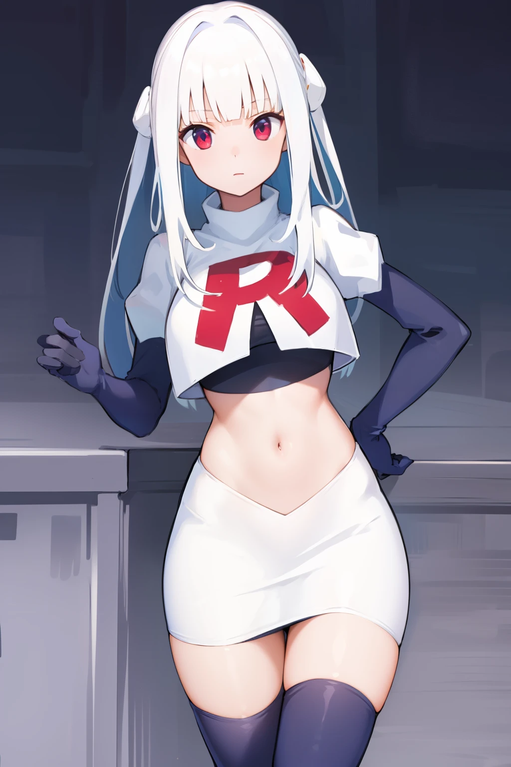 ung and gorgeous girl, masterpiece, best quality, 8k uhd, ultra high res, simple background, team rocket,team rocket uniform, red letter R, white skirt,white crop top,black thigh-highs,black elbow gloves