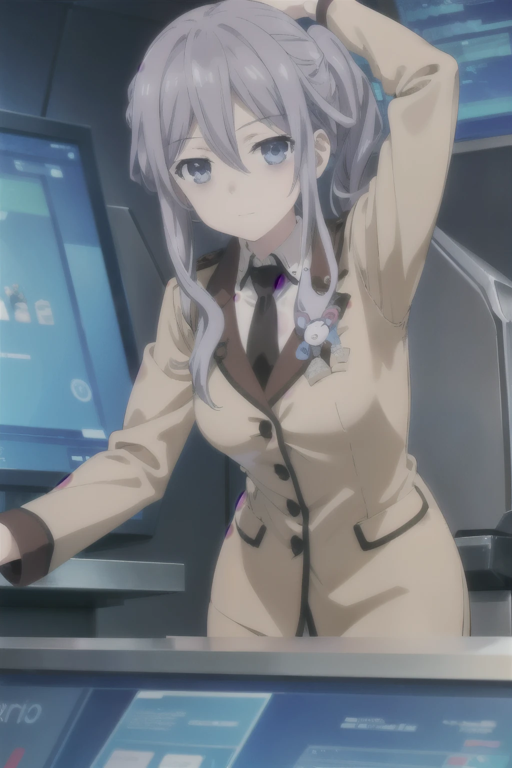 (((pixel-perfect, detail-perfect))), solo, 1girl, reine murasame, uniform, tie, stuffed animal, looking at viewer, closed mouth, standing