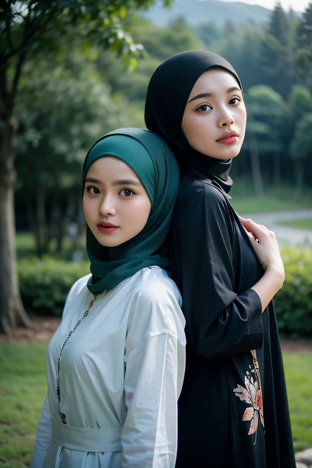 two girls (hijab) Wearing Indonesian batik abaya clothes, green nature background, mountains, bokeh, motion blur.(best quality)), ((masterpiece)), (detailed), perfect face, Masterpice, 8k, RAW, High quality, Ultra HD, Detail,