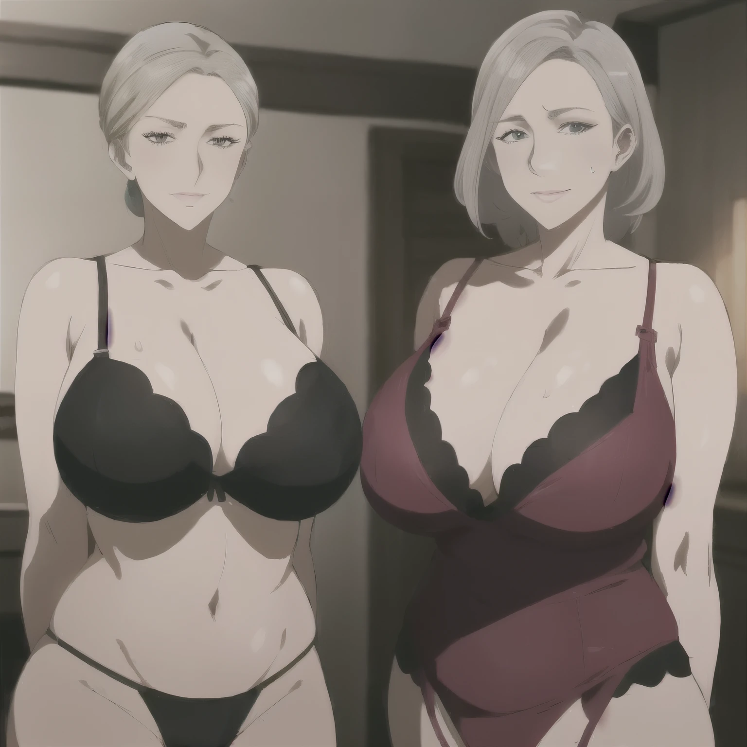 two women in lingersuits standing next to each other in a room, oppai proportions, oppai, with a large breasts, two beautiful anime girls, with large breasts, cel shaded anime, cell shaded adult animation, posing together in bra, anime maids riding early tanks, today's featured anime still, big breasts!, big breasts!!, two women, revealing clothes