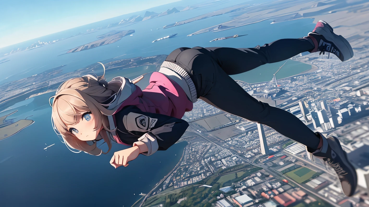 Girl falls down to earth from sky, fall perpendicularly from skies
