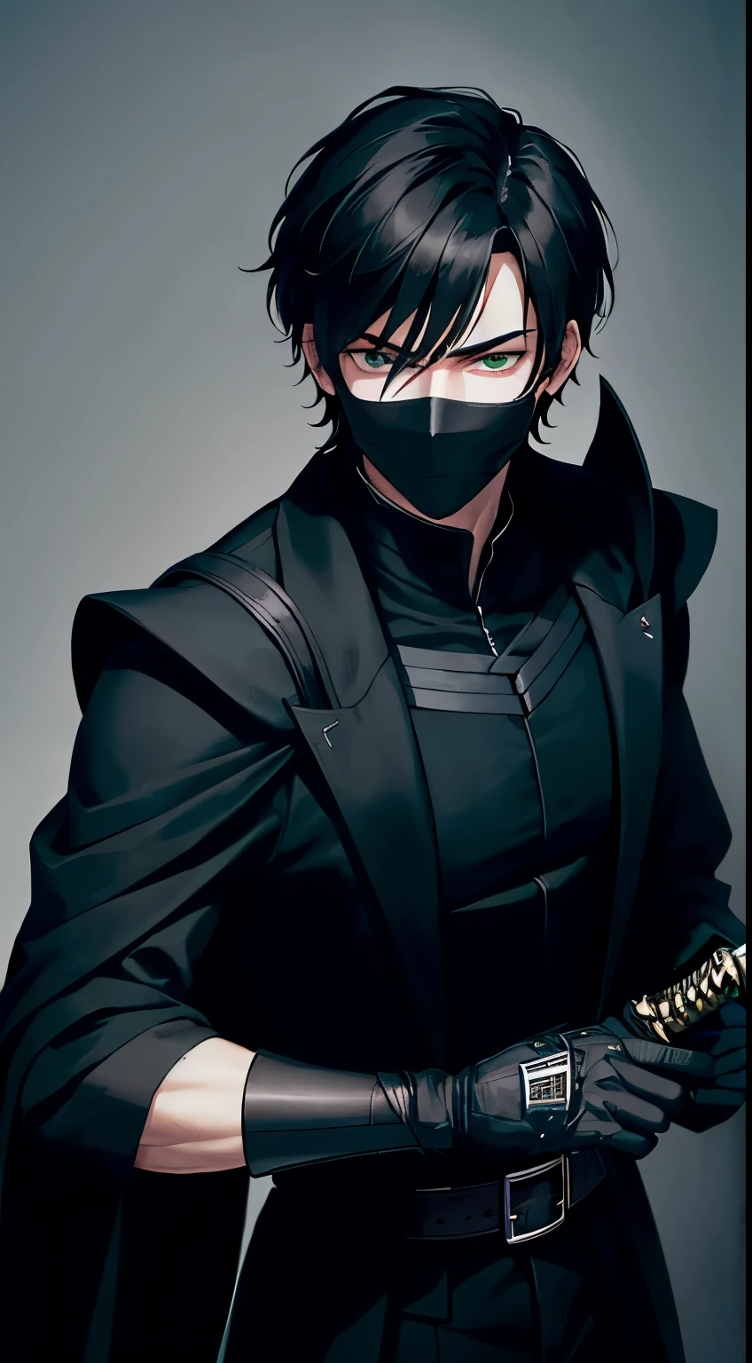 a swordsman, holding a sword, wearing a black suit, black gloves,using a full black mask on his face except the eyes, short black hair, green eyes, calm and reserved personality, looking at viewer