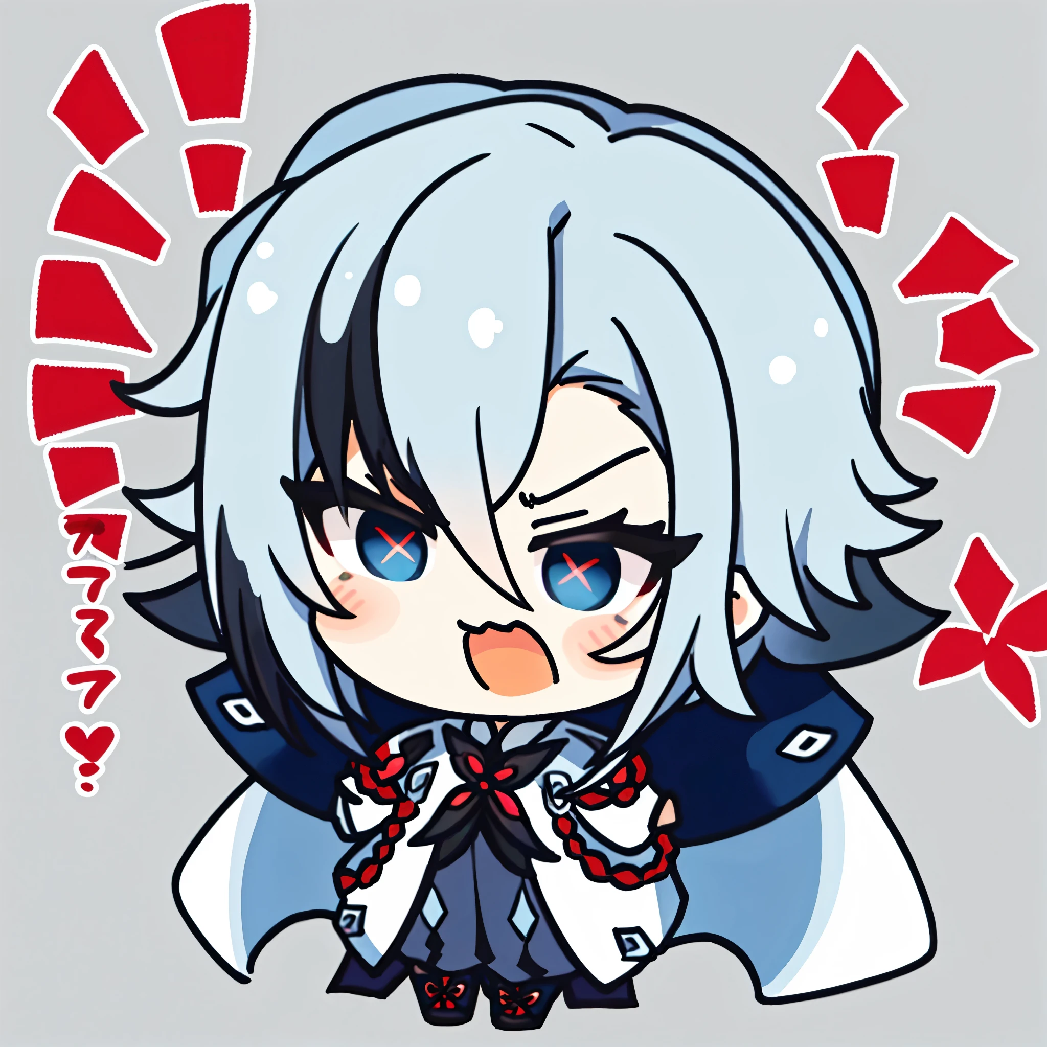 1girl,Arlecchino,(chibi:1.2),angry to say, white short hair, blue eyes with red x-shaped pupils, wearing white suit,red cheeks, puffy cheeks,face focus:1.7