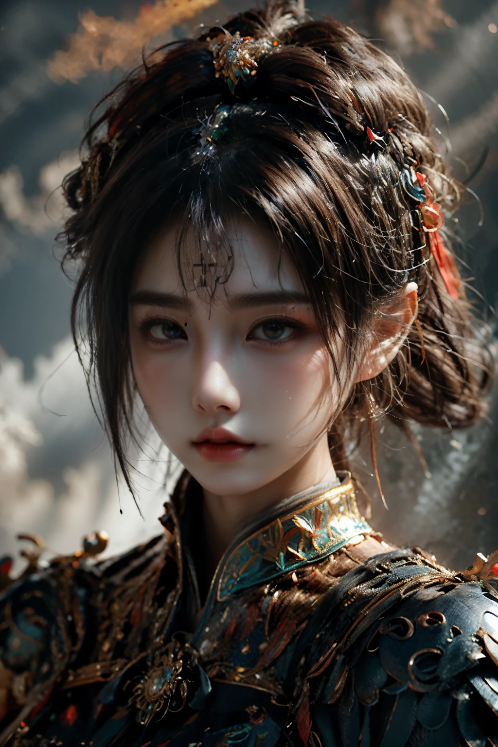 Masterpiece,Game art,The best picture quality,Highest resolution,8K,(Portrait:1.5),Unreal Engine 5 rendering works,(Digital Photography),
Girl,Beautiful pupil,(Gradual short hair is blue and red),Busty,(Big breasts),
(A female general in the ancient fantasy style),(Future combat dress combined with Chinese fantasy style clothing,Chinese style Han costume),Ribbon,Ancient magic patterns glow,Armor rich in detail,(Ancient fantasy),
Movie lights，Ray tracing，Game CG，((3D Unreal Engine))，OC rendering reflection pattern