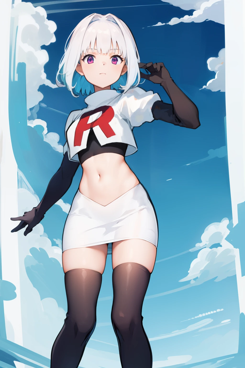 1 young and gorgeous girl, masterpiece, best quality, 8k uhd, ultra high res, simple background, team rocket,team rocket uniform, red letter R, white skirt,white crop top,black thigh-highs,black elbow gloves