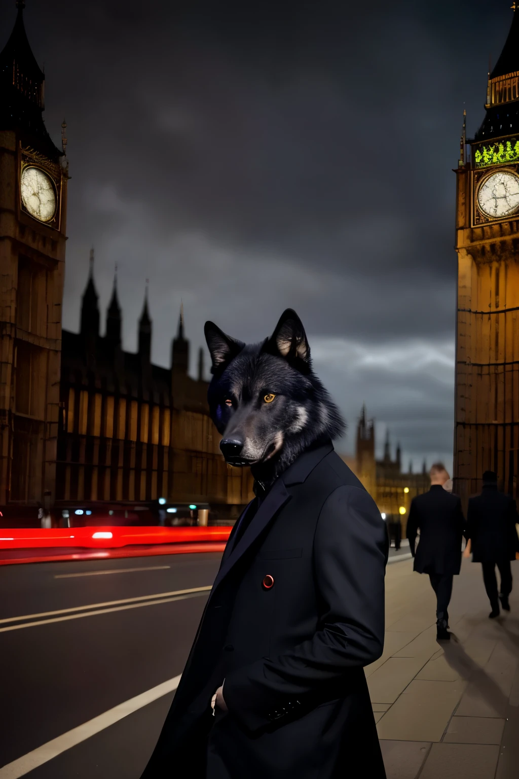 A photograph of a black wolf with ruby red eyes, wearing a black suit, strolling casually near the Big Ben in London --s2
an intriguing image of a mystical black wolf, possessing fiery red eyes, smartly dressed in a black tailored trench coat, leisurely sauntering near the iconic Big Ben landmark in London --s2
A surreal snapshot featuring an enigmatic all-black wolf donning vibrant red eyes and a sleek black suit, leisurely strutting in the bustling vicinity of Big Ben, London --s2
A captivating portrait depicting an otherworldly black wolf, with mesmer
