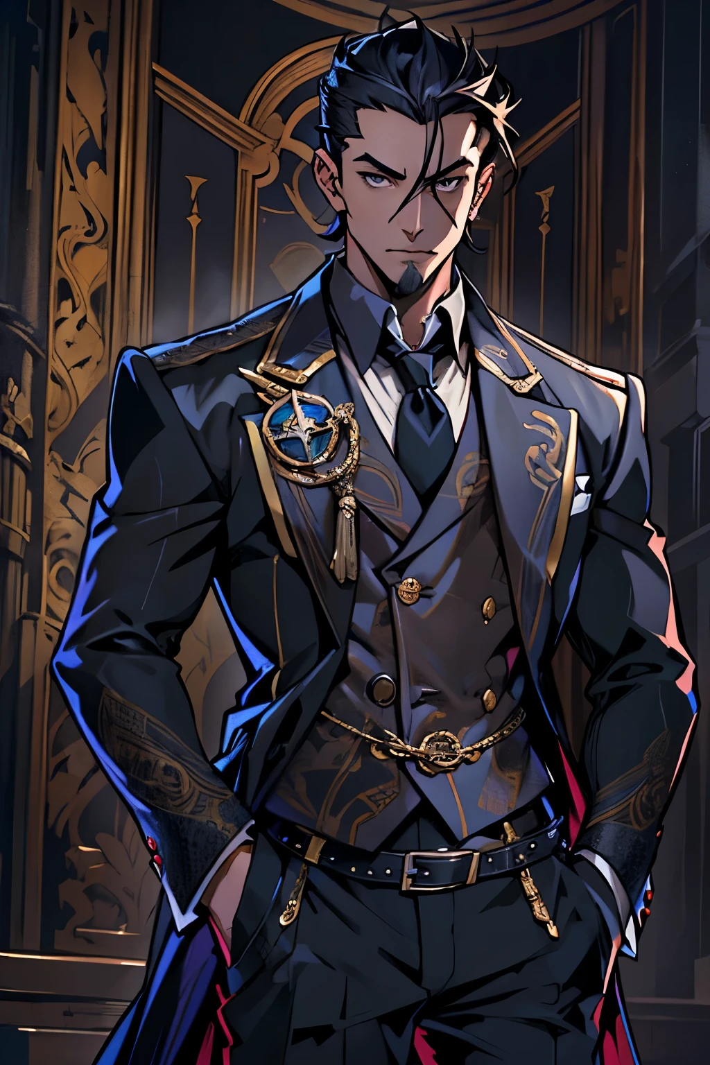 "Design an anime-style image of Reginald Blackmantle, a suave human shadow tech dealer with slicked-back dark hair and piercing dark eyes, dressed in a fine, dark suit that hints at wealth and danger. The background should be a luxurious, dimly lit room. Capture his aura of mystery and the allure of forbidden technology. The setting is a medieval fantasy settings. It is set in a fantasy roleplaying world."